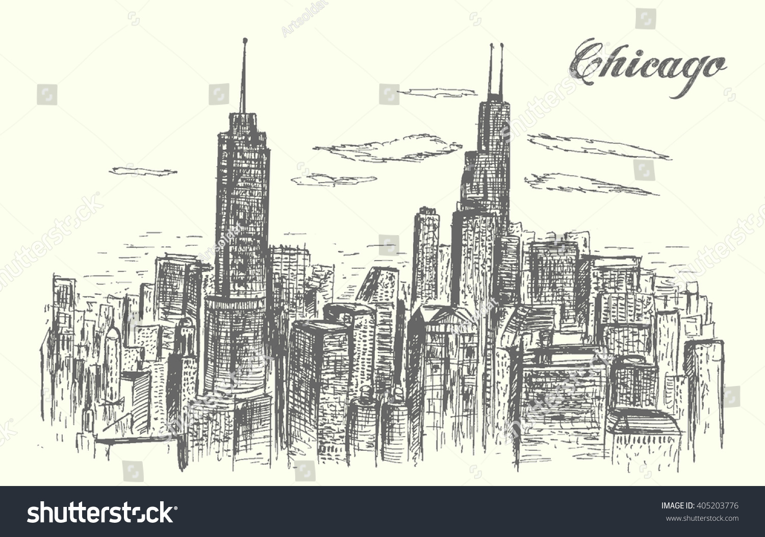 1500x1053 Chicago Skyline Drawing Chicago City Pencil Drawing Stock
