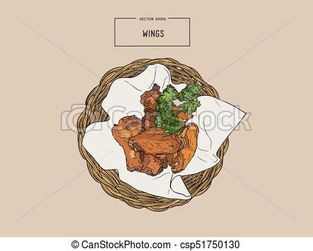 450x361 Hand Drawn Sketch Buffalo Chicken Wings In Basket. Hand Draw