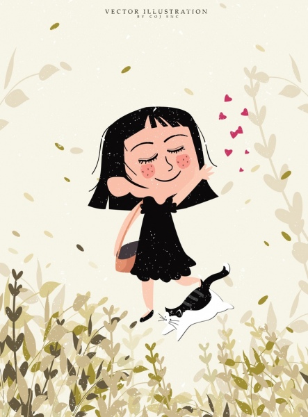 443x600 Childhood Drawing Joyful Girl Cat Leaves Decoration Free Vector