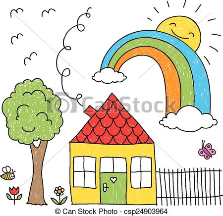 450x436 Kid's Drawing Of A House, Rainbow A. Childish Doodle Of A Clip