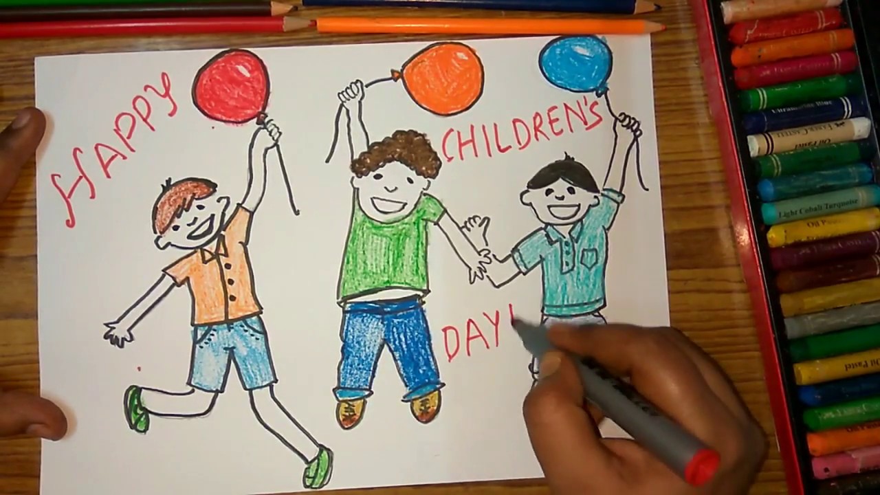 1280x720 How To Draw Children's Day Kids Celebrating Poster Step By Step