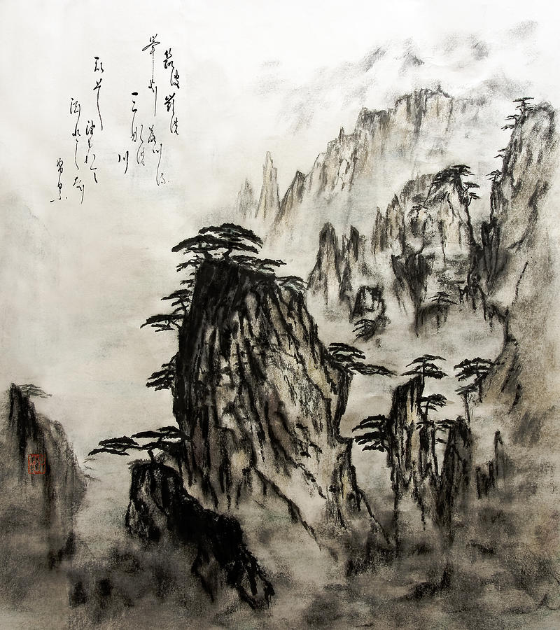 800x900 Chinese Mountains With Poem In Ink Brush Calligraphy Of Love Poem