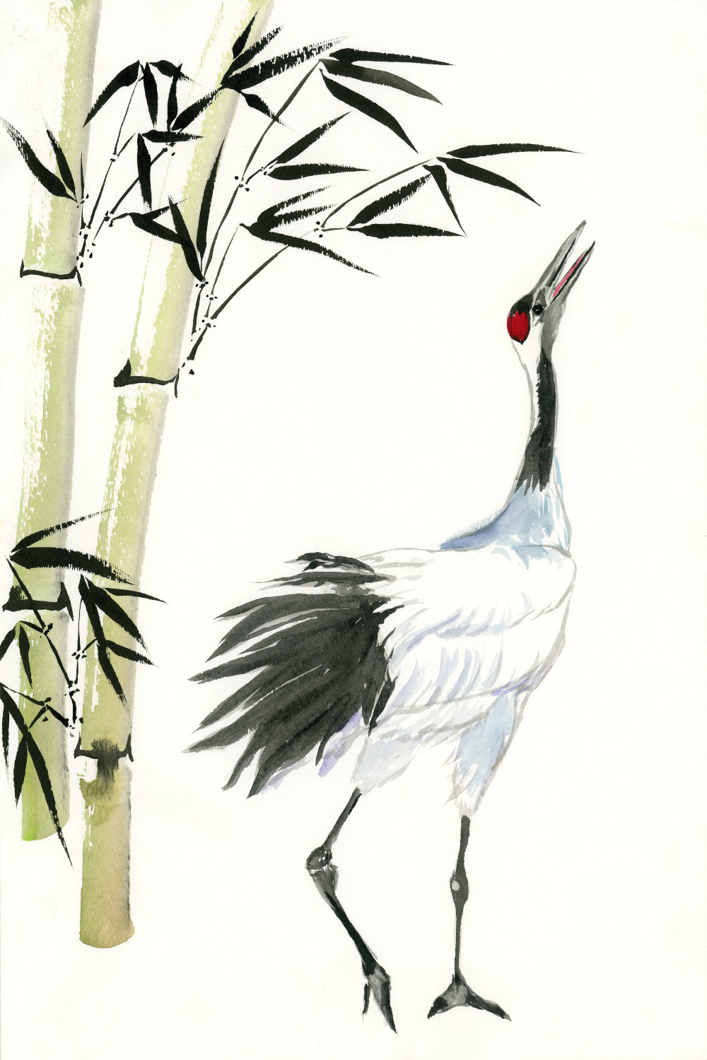 1000x1500 Fine Art Print Japanese Crane And Bamboo, Watercolor Painting