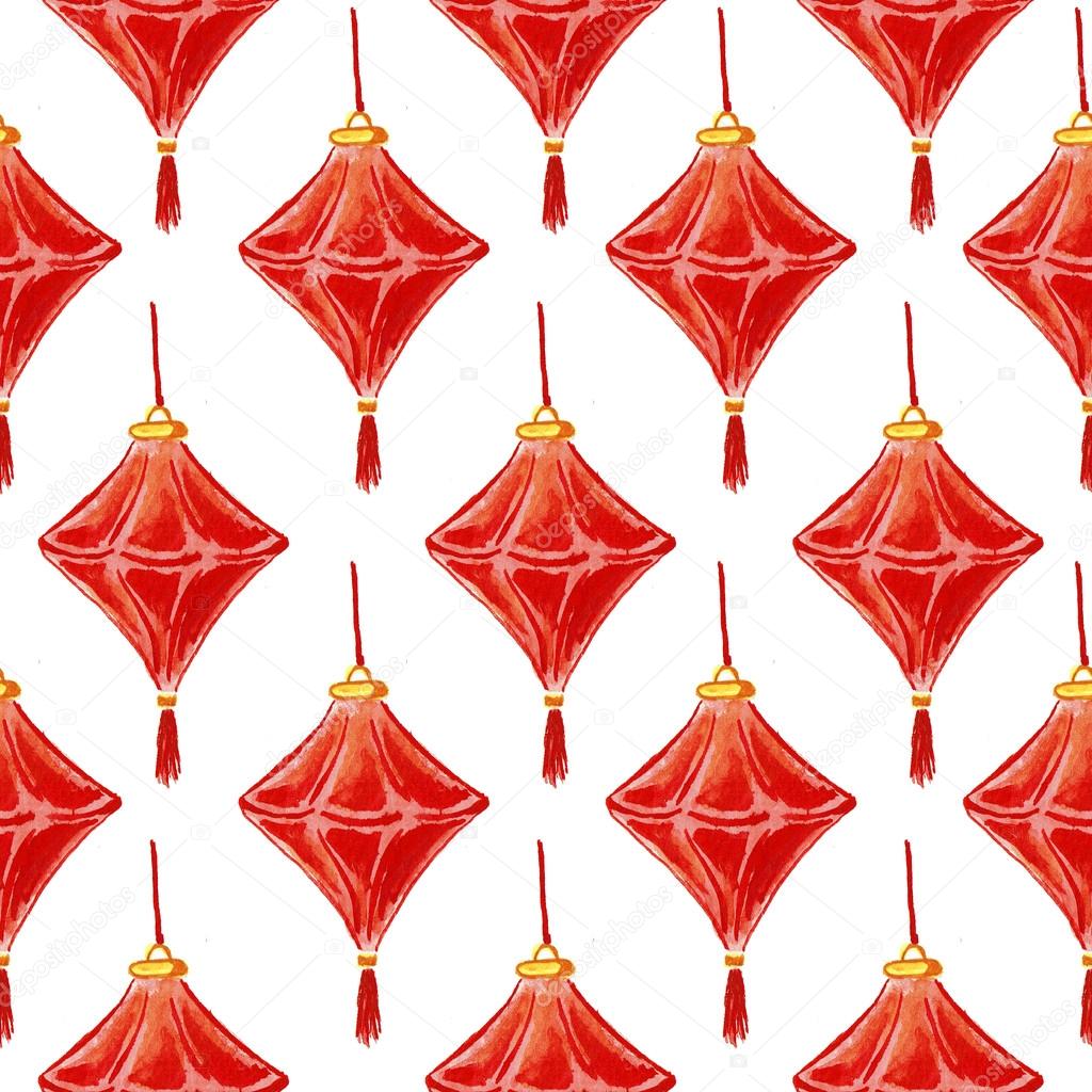 1024x1024 Seamless Pattern With Chinese Lanterns. Hand Drawing Watercolor