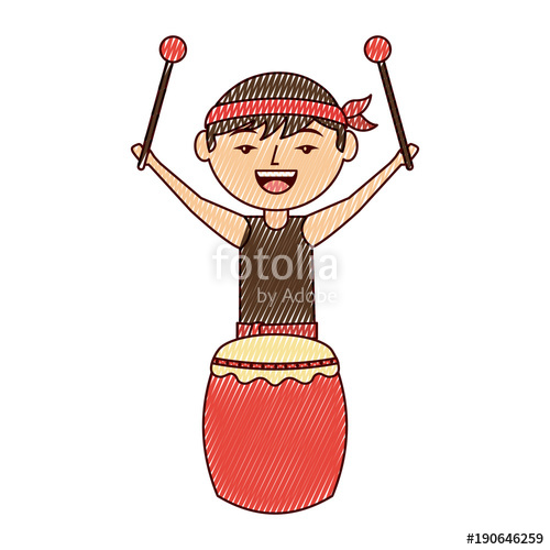 500x500 Funny Cartoon Chinese Man Standing With Drum And Sticks Vector