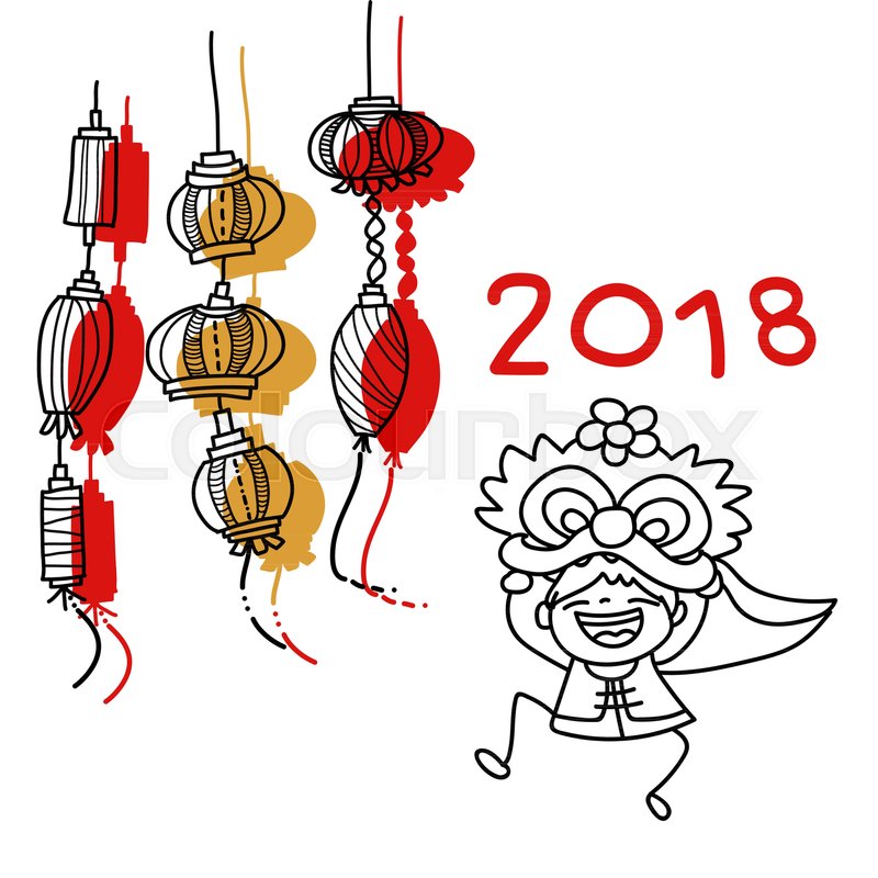 800x800 Hand Drawing Cartoon Character Chinese People Dancing Lion Dance