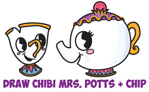 600x373 How To Draw Cute Kawaii Chibi Mrs. Potts And Chip From Beauty
