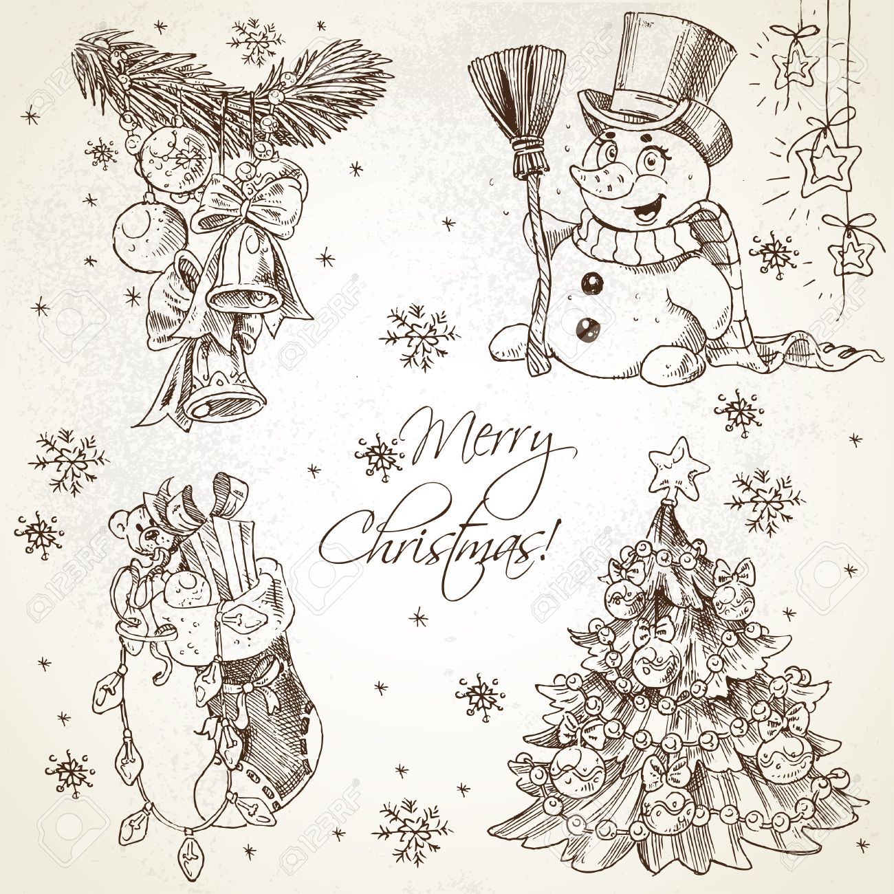 1300x1300 Merry Christmas Vintage Sketch Draw Set Royalty Free Cliparts