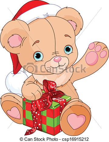 359x470 Christmas Teddy Bear Holding Gift Box Vector Clip Art