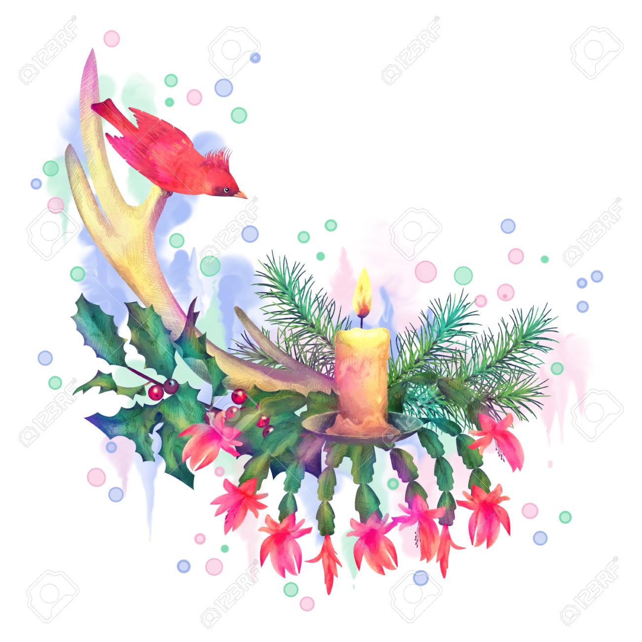 1300x1300 Merry Christmas Watercolor Drawing. Holiday Composition