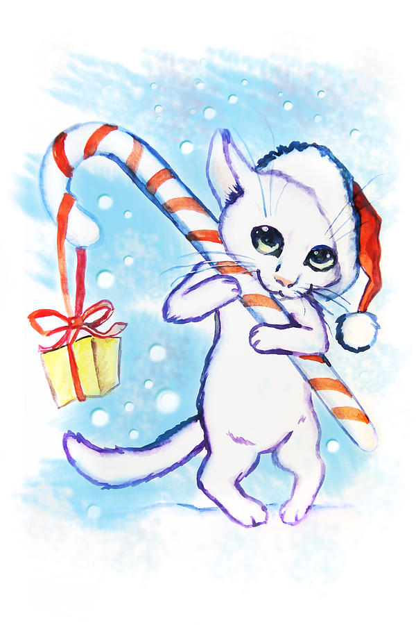 600x900 Christmas Cat With A Sweet Watercolor Card Drawing By Denis Simonov