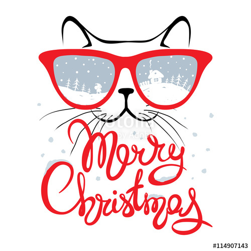 500x500 Christmas Card, Cat In Glassesfunny Christmas Hand Drawing