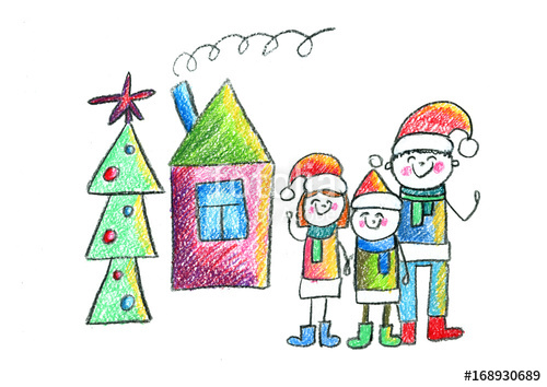 500x354 Happy Family With House And Christmas Tree Kids Drawing Mother