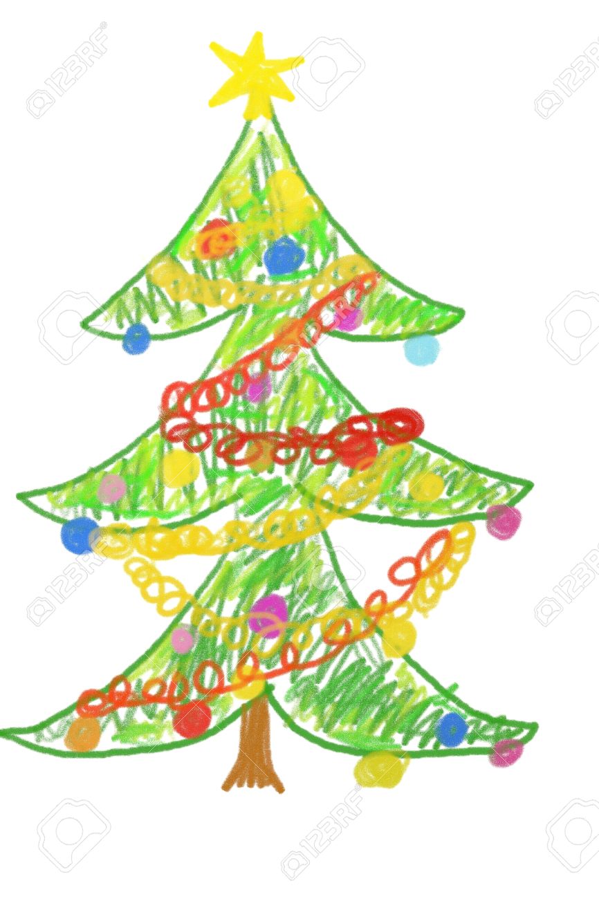 866x1300 Child Drawing Of Christmas Tree Stock Photo, Picture And Royalty