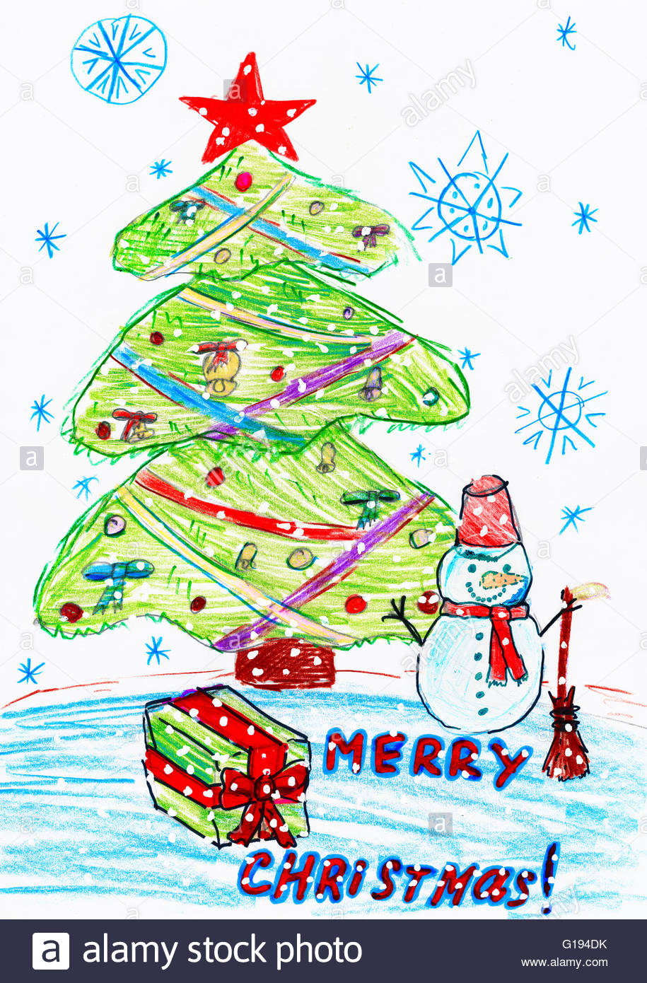 915x1390 Christmas Tree And Snowman With Gifts, Child Drawing, Top View