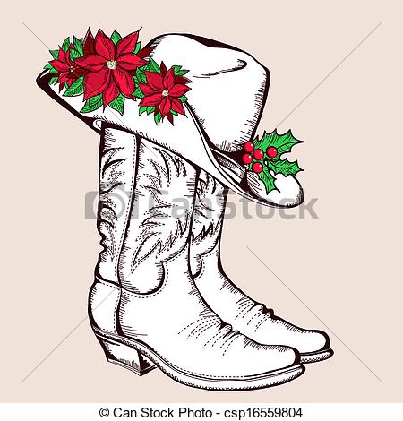 450x470 Cowboy Christmas Boots And Hat.vector Graphic Illustration