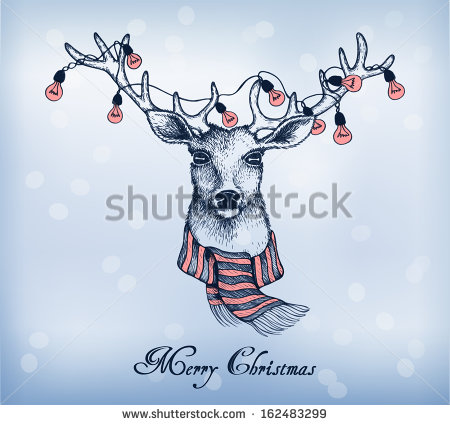 450x425 Blue Background With Christmas Santa Reindeer. Hand Drawn Card