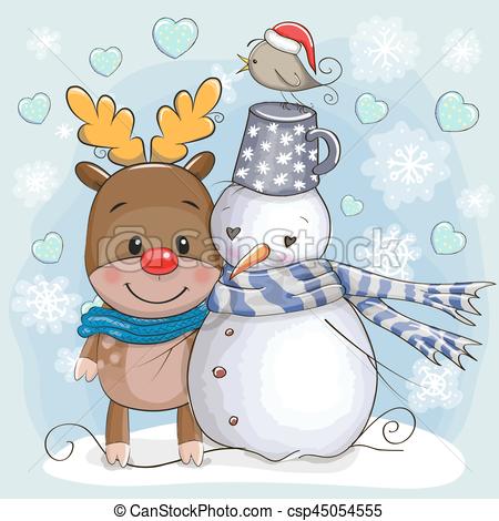 450x470 Cute Christmas Deer And Snowman. Greeting Christmas Card