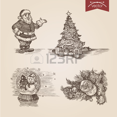 450x450 Christmas Tree Decorations Set New Year Handdrawn Engraving Style