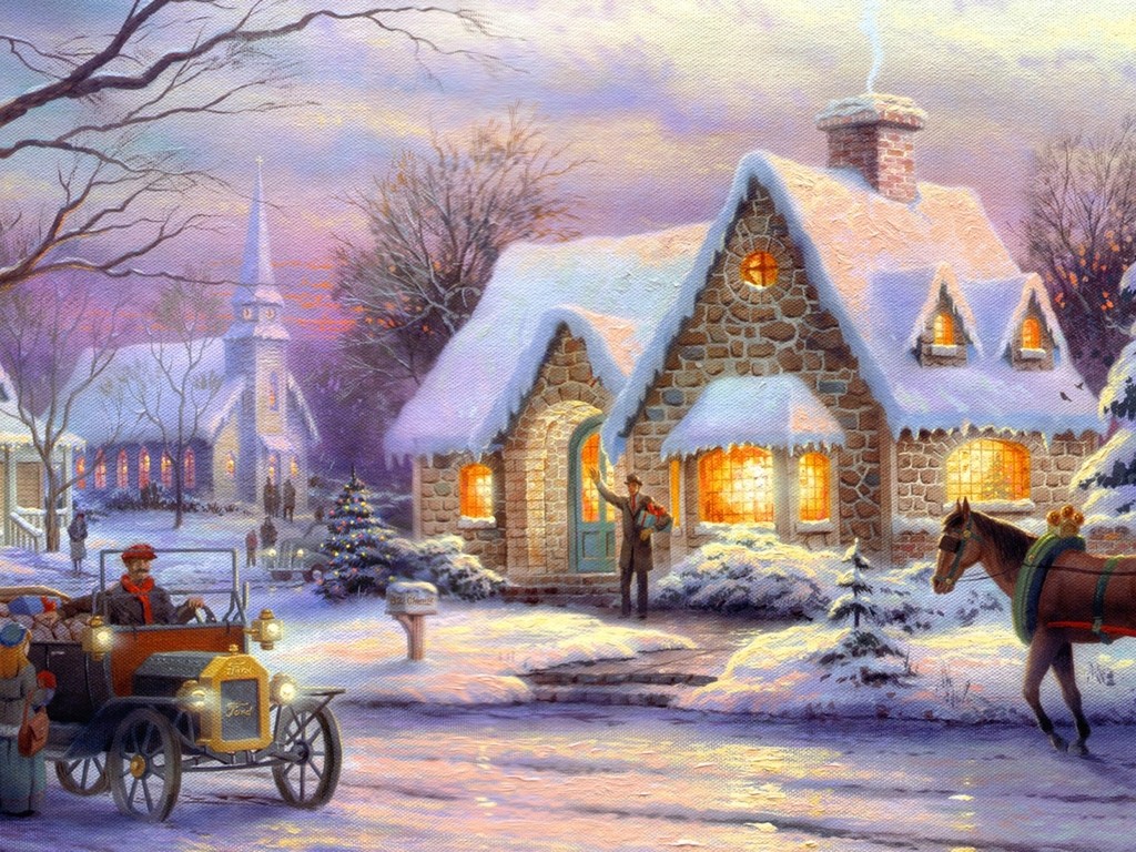 1024x768 Winter Time Ice Tree House Art Christmas Snow Painting Nature