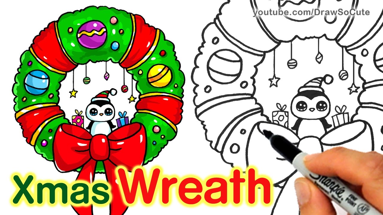1280x720 How To Draw A Christmas Wreath And Bow Step By Step Easy And Cute