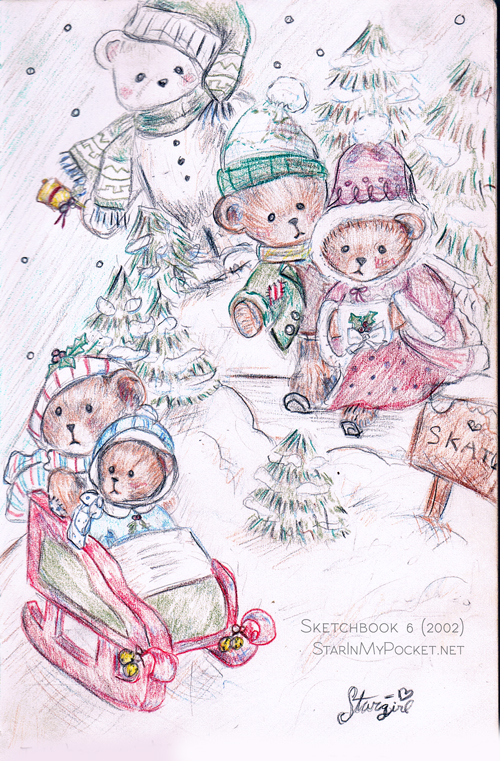 500x761 Teddy Bear Winter Christmas Scene Drawing In Colored Pencils