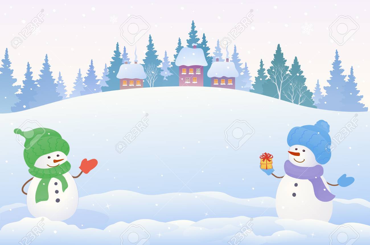 1300x861 Vector Drawing Of A Christmas Snow Scene With Two Cute Snowmen