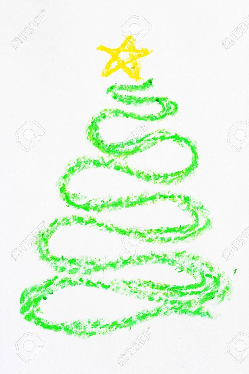866x1300 Crayon Curved Christmas Tree Drawing With Yellow Star Stock Photo