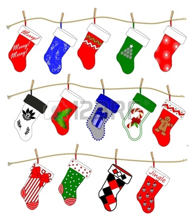 394x450 A Drawing Of Fourteen Christmas Stockings In Various Holiday