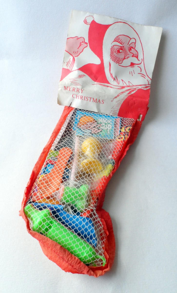 726x1200 Vintage Mesh Net English Merry Christmas Stocking Circa 1960s Toys