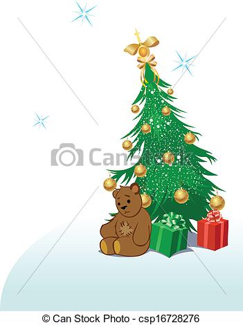 351x470 Teddy Bear With Christmas Tree. Illustration Of A Christmas