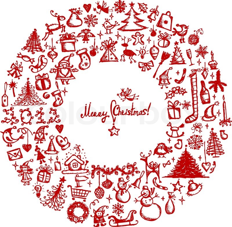 800x785 Christmas Wreath, Sketch Drawing For Your Design Stock Vector