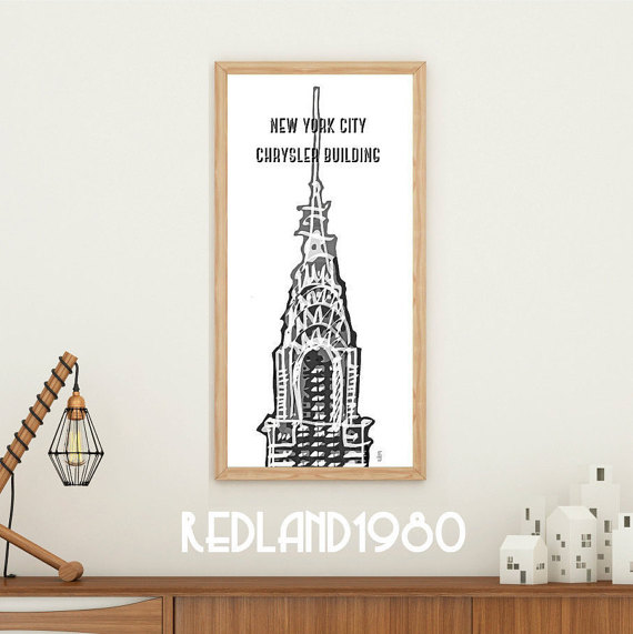 570x571 New York Print, Chrysler Building Drawing, Wall Art, Modern Art