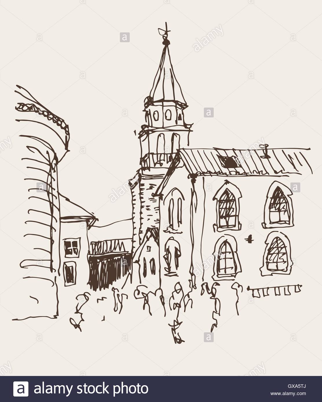 1112x1390 Sketch Drawing Of The Bell Tower Church Top View In Old Town Bud