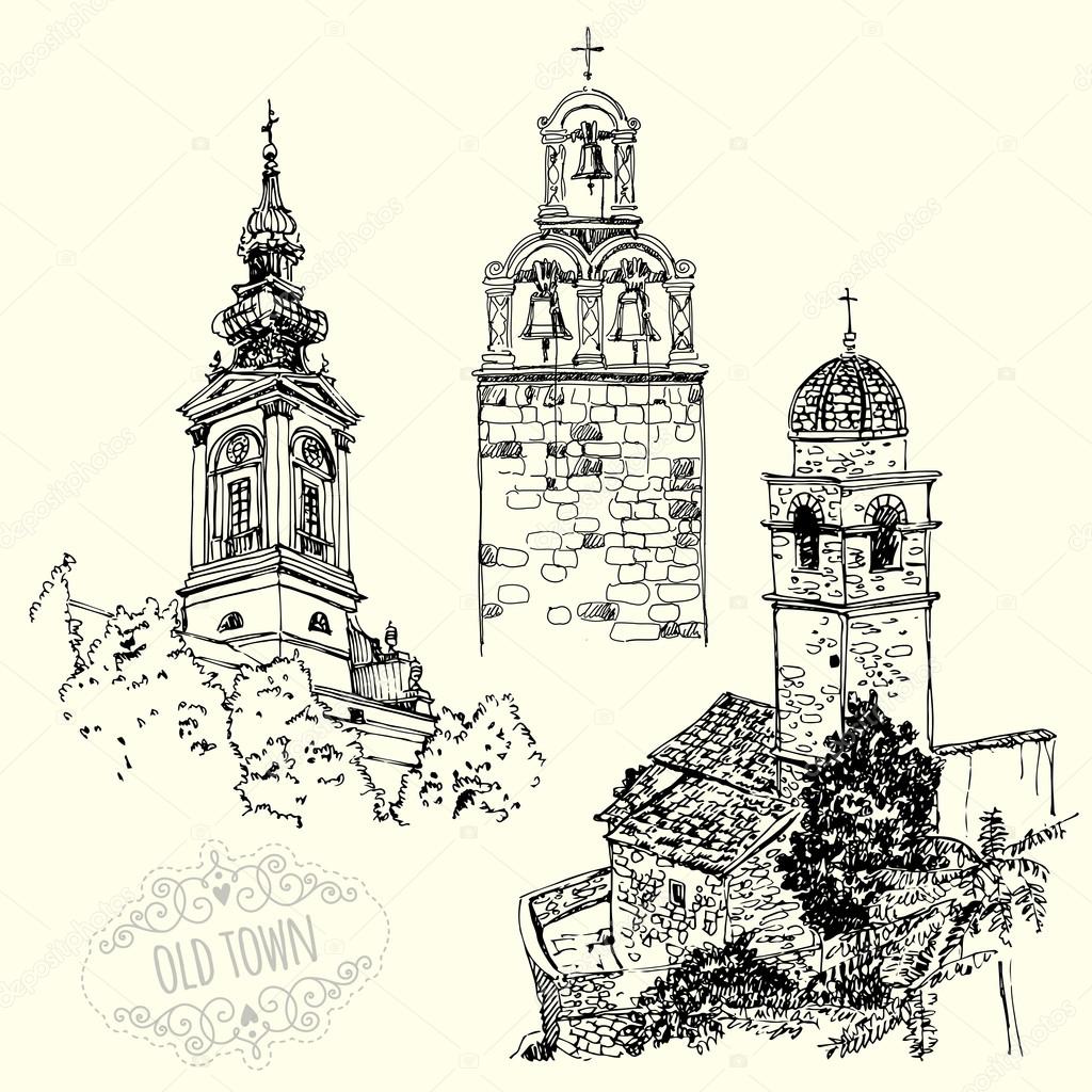 1024x1024 Set Of Drawings With Old Churches Stock Vector Xenia Ok