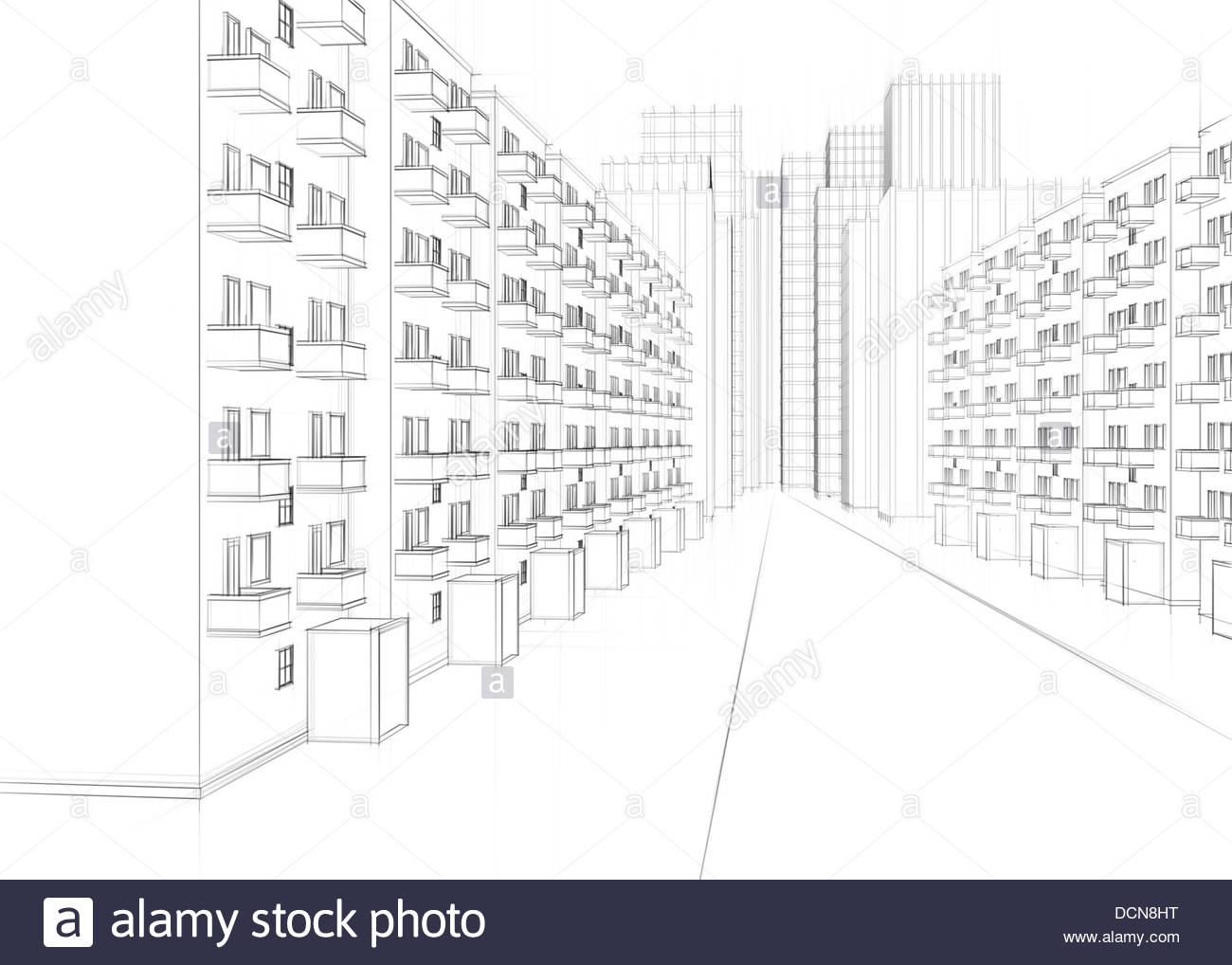 1300x1018 Drawing Of A City Street With Apartment Buildings And Skyscrapers