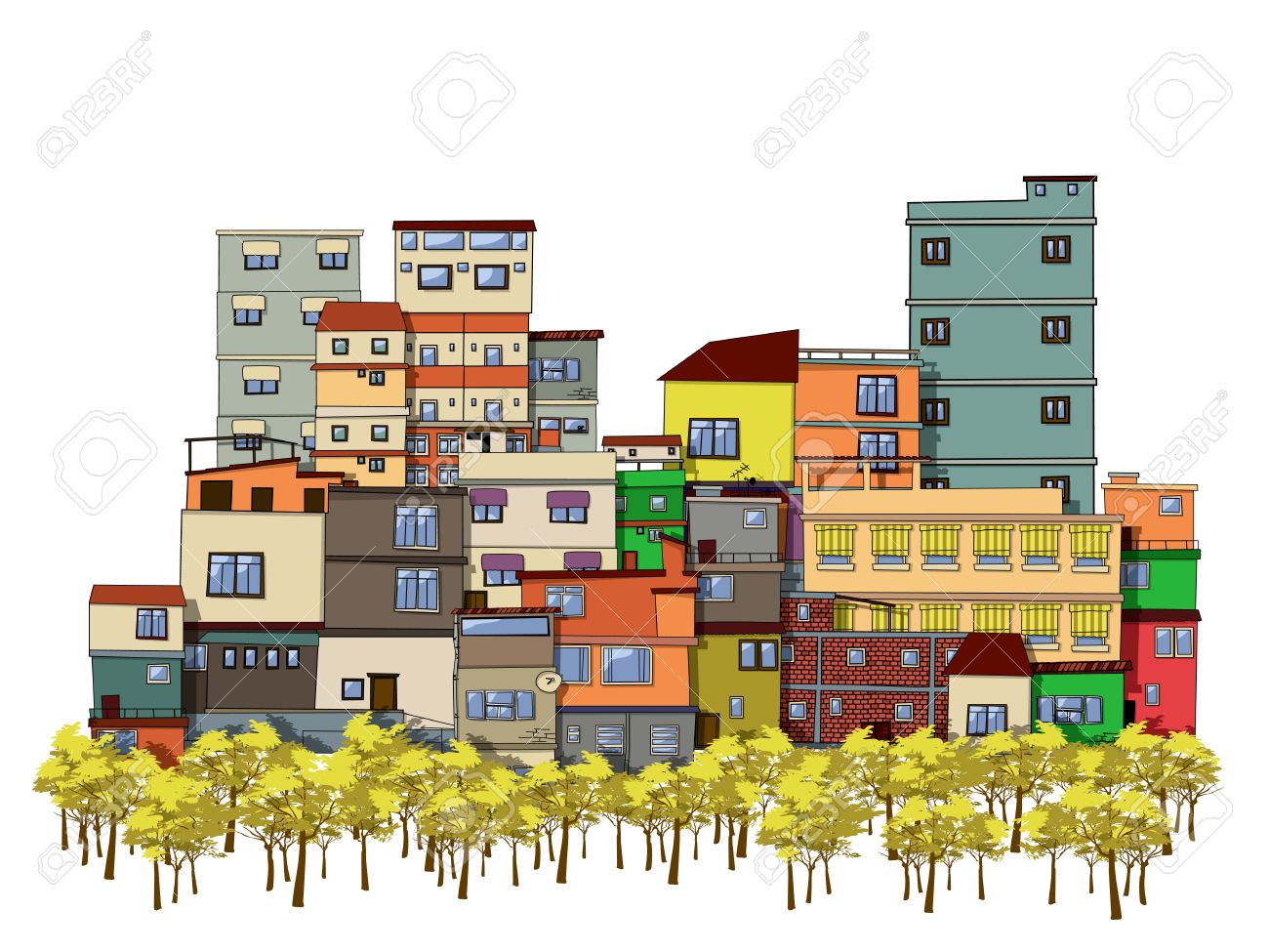 1300x975 Cartoon Drawing Of A City With Trees And Houses Royalty Free