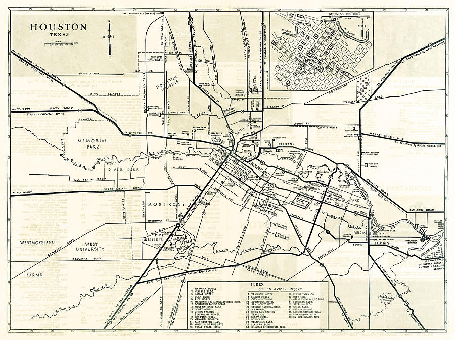900x673 Houston City Hand Drawn Map 1935 Photograph By Daniel Hagerman