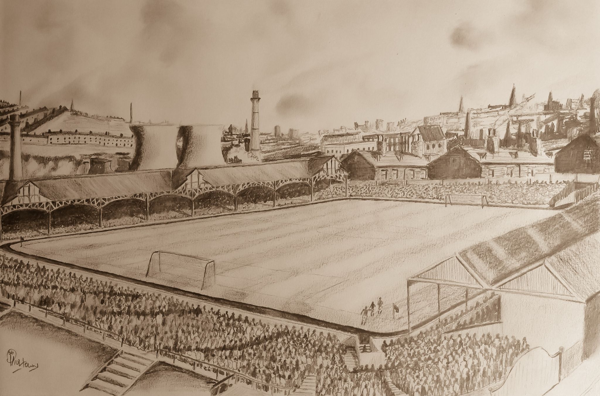 2048x1351 City Valley Parade 1949s Pencil Drawing Print In Graphite Sepia