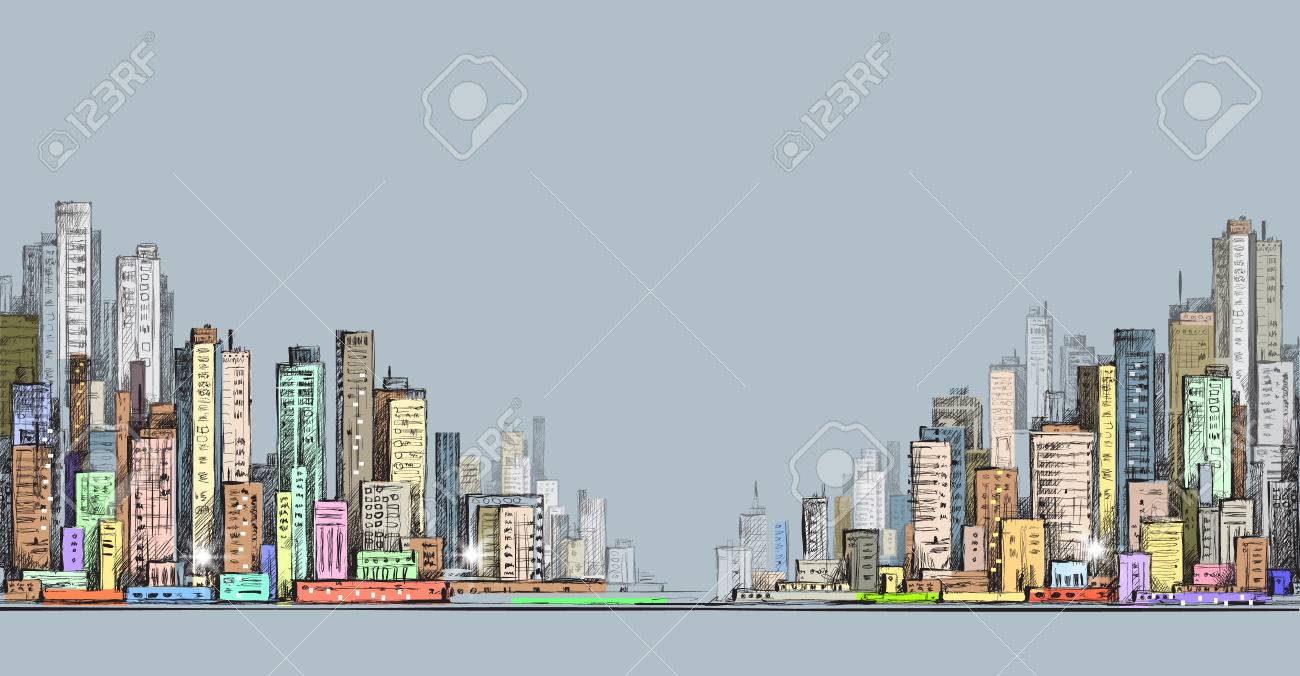 1300x676 City Panorama, Hand Drawn Cityscape Drawing Illustration Royalty