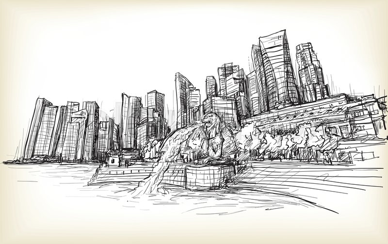 800x503 Sketch City Scape Of Singapore Skyline With Merlion Fountain