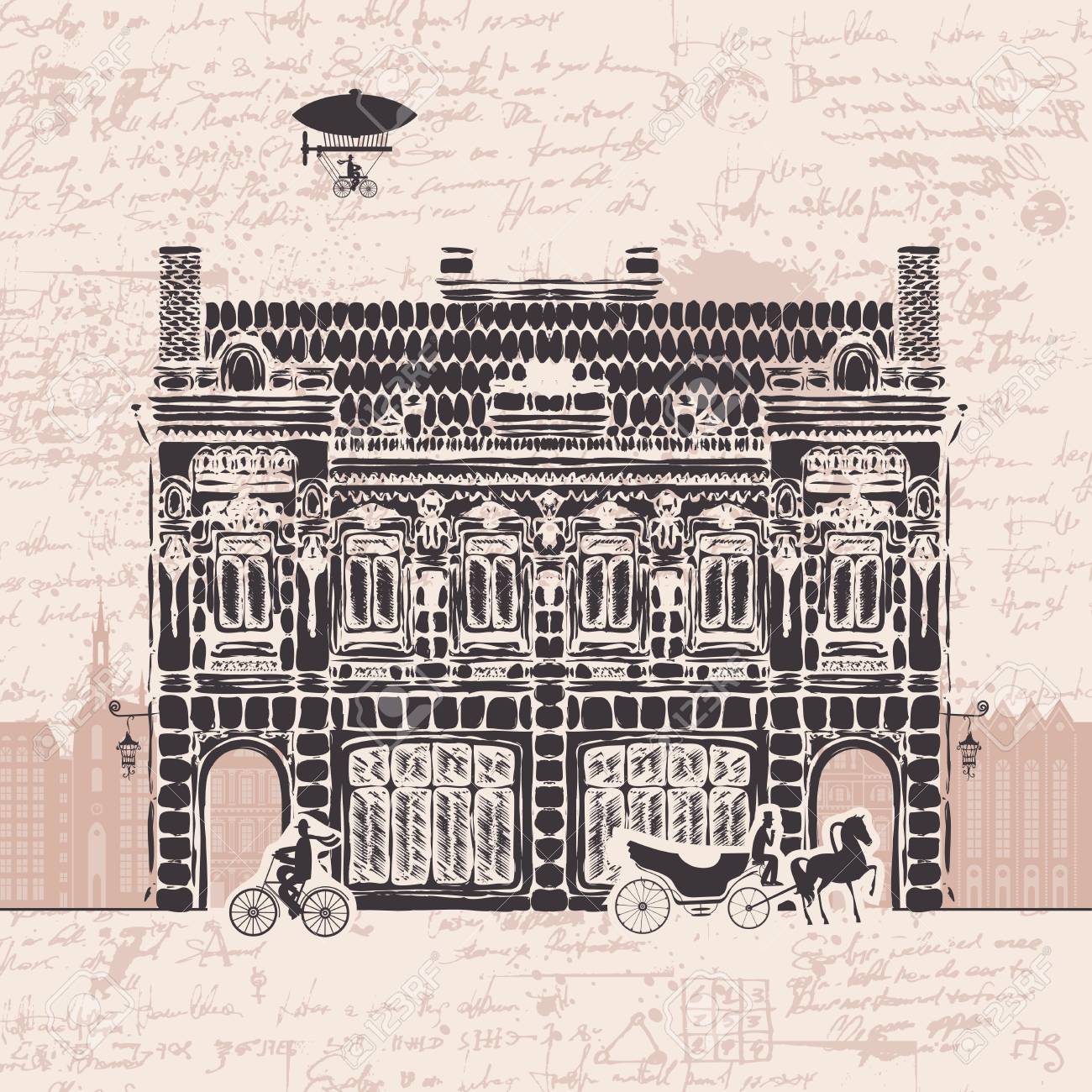 1300x1300 Drawing Of Old City Streets With Two Storey Historical Building