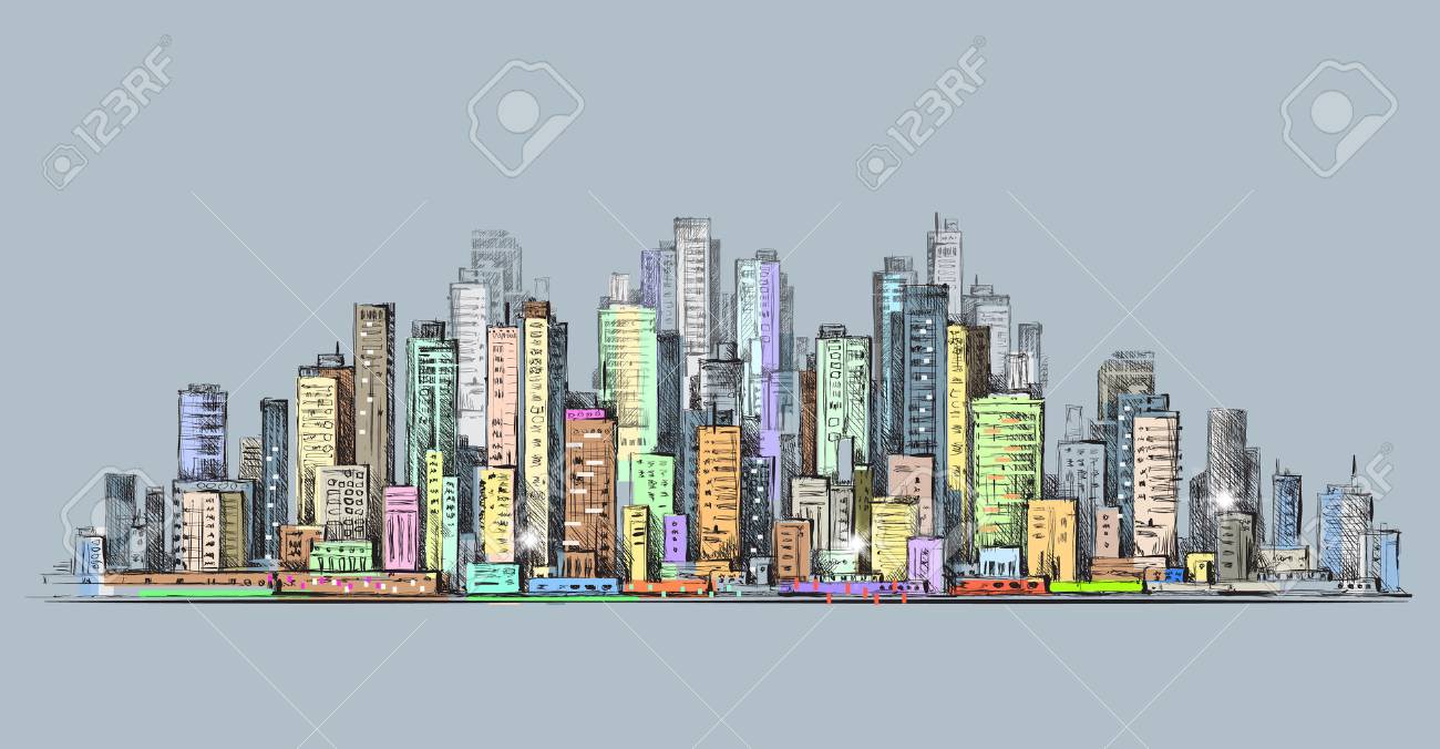 1300x676 City Skyline Panorama, Hand Drawn Cityscape, Drawing Architecture