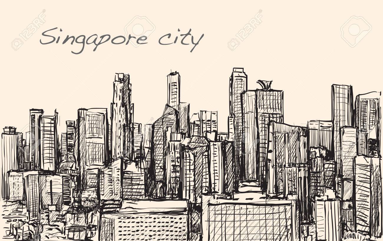 1300x818 Sketch Cityscape Of Singapore Building Skyline, Free Hand Draw