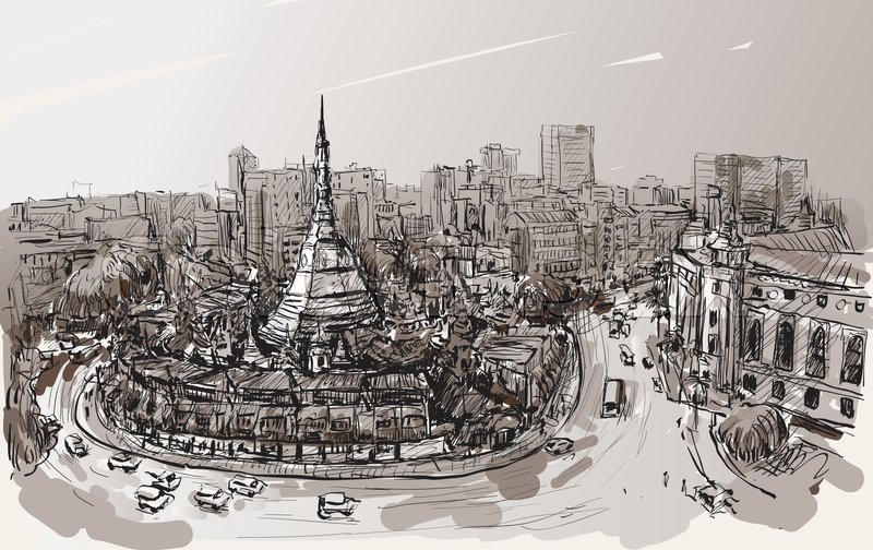 800x504 Sketch Cityscape Of Yangon, Myanmar On Topview Shwedagon Pagoda