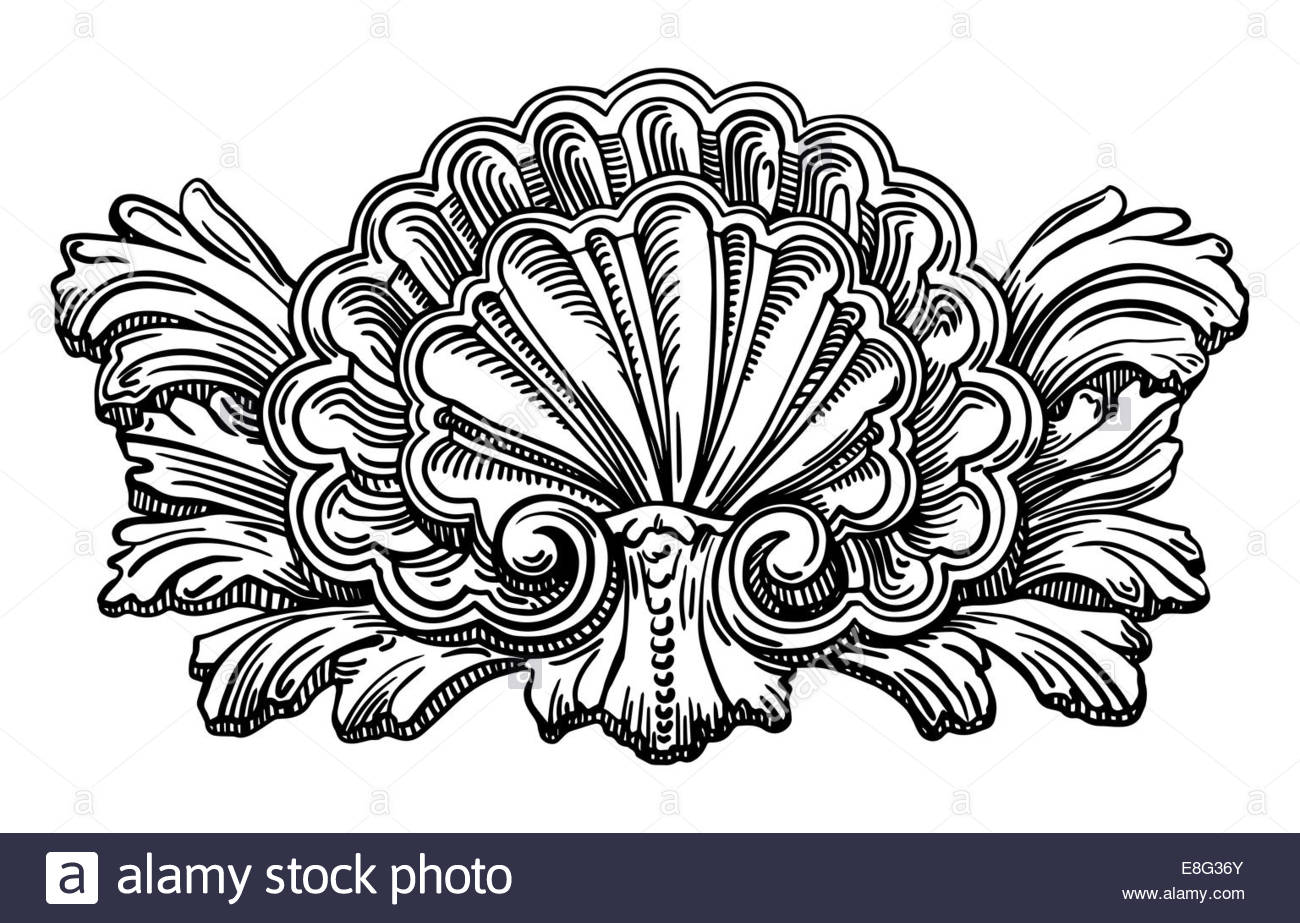 1300x923 Heraldry Clam Shell Sketch Calligraphic Drawing Isolated On Whit