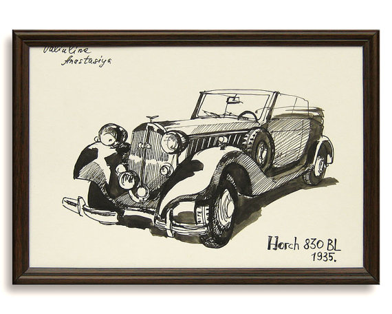 570x456 Classic Car Drawing Horch 830 Bl 1935 Original By Valartgallery