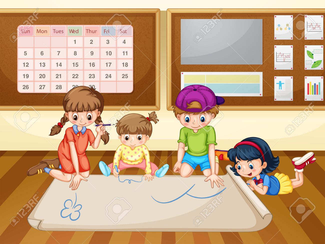 1300x975 Children Drawing On Paper In Classroom Illustration Royalty Free