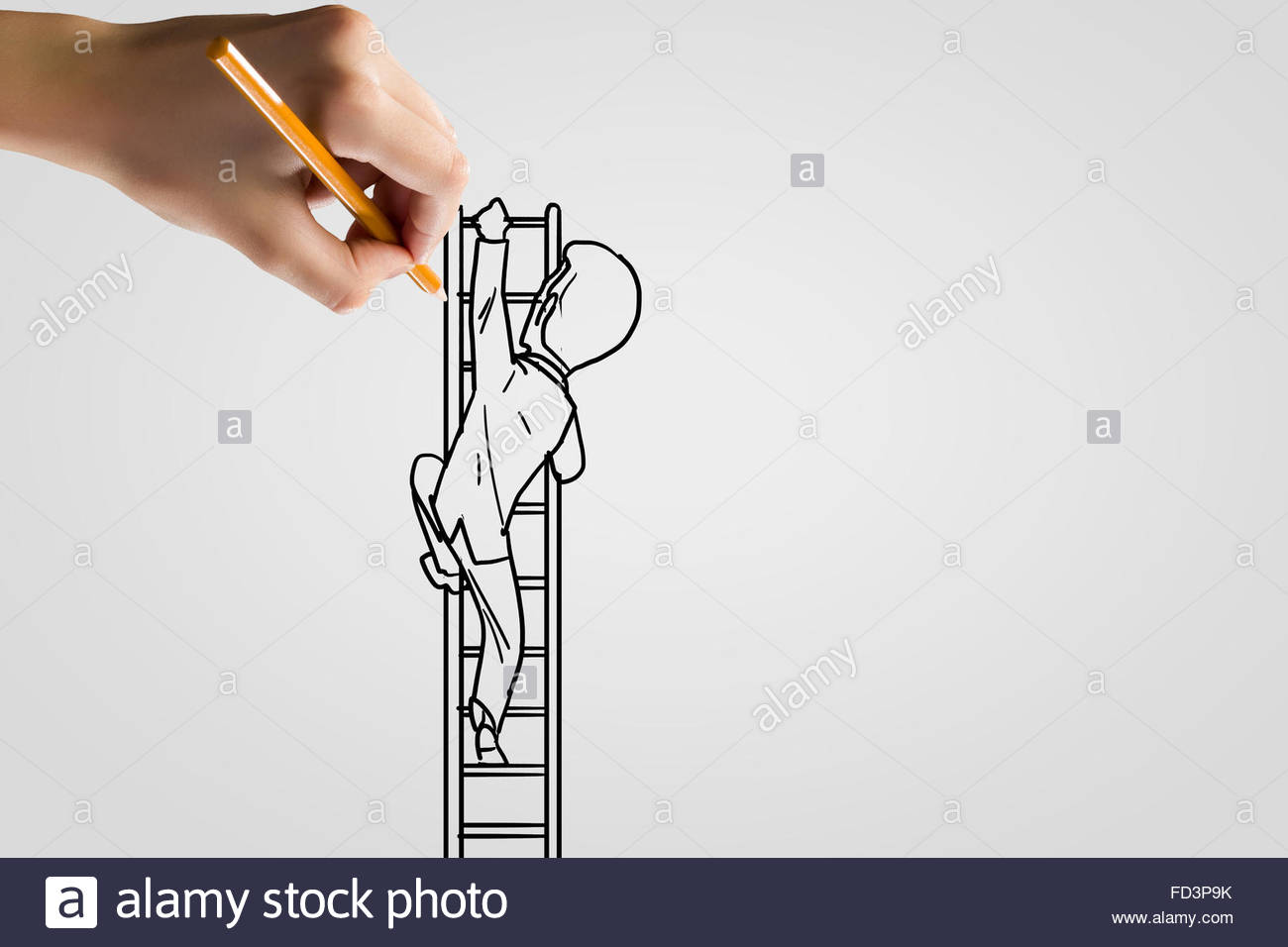 1300x956 Human Hand Drawing Caricature Of Man Climbing Ladder Stock Photo