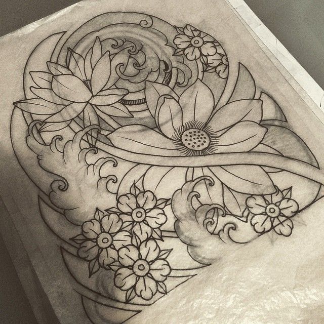 640x640 Japanese Flower Cloud Butterfly Line Drawing Tattoo